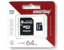 Карта памяти MicroSDXC SmartBuy 64GB cl10 + SD, SB64GBSDCL10-01LE 
